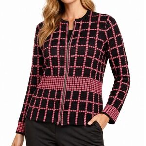 Ming Wang Zip Front Knit Cardigan Sweater Women's XL Black Pink Plaid Career Top